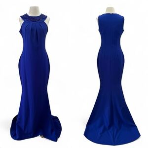SAFIYAA $1890 Blue Bead-Embellished Crepe Halterneck Gown Size 8 Medium Formal